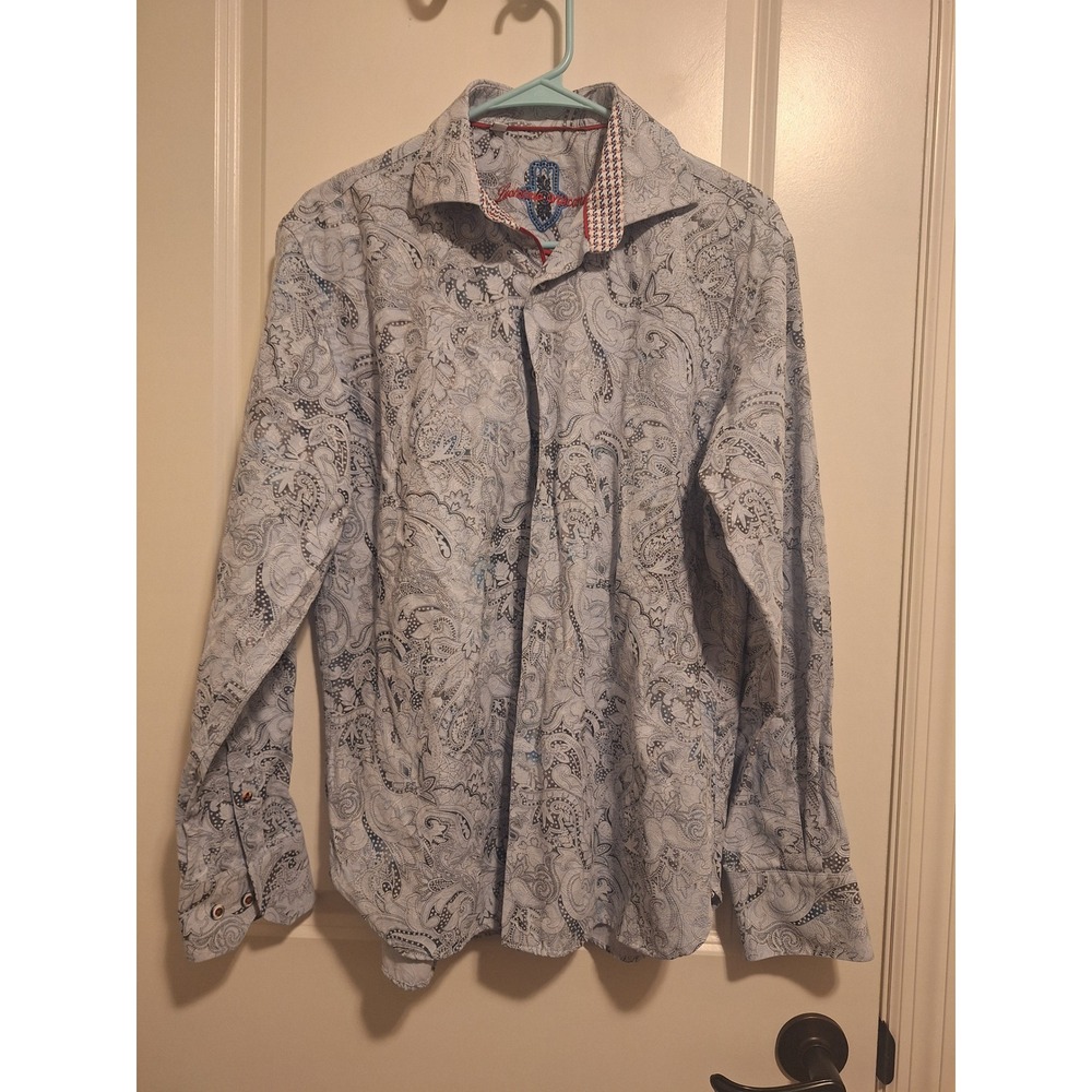 Luciano Visconti Mens Paisley Button Down Shirt Light Blue Long Sleeve‎ Boho L